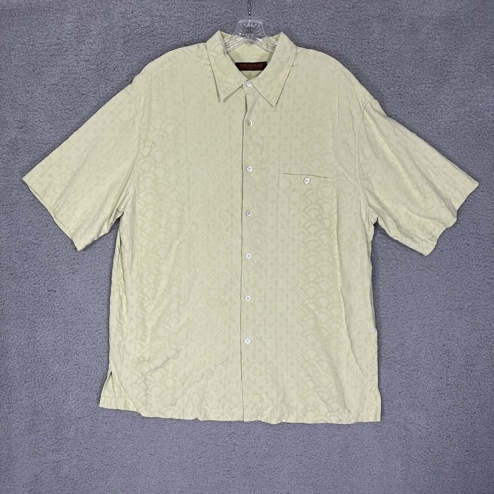 Tori Richard Shirt Mens Extra Large Green Silk Geometric Button Up Hawaiian Camp
